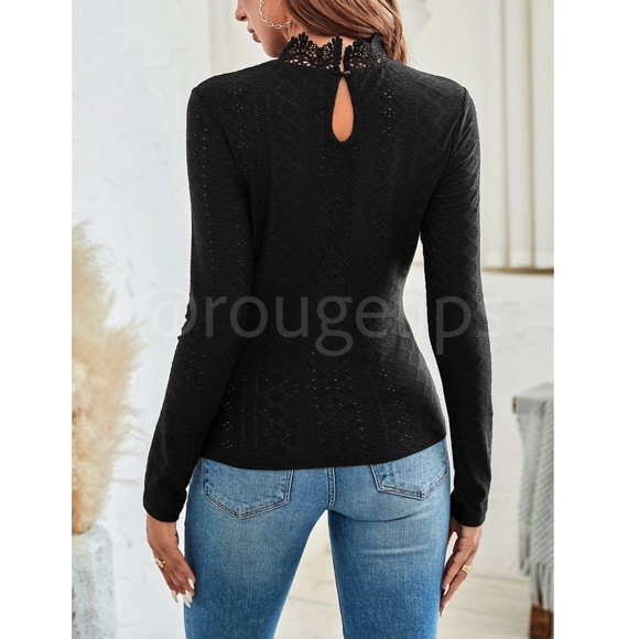 Black Lace Guipure Mock Neck Long Sleeve Tee Shirt - Picture 5 of 10
